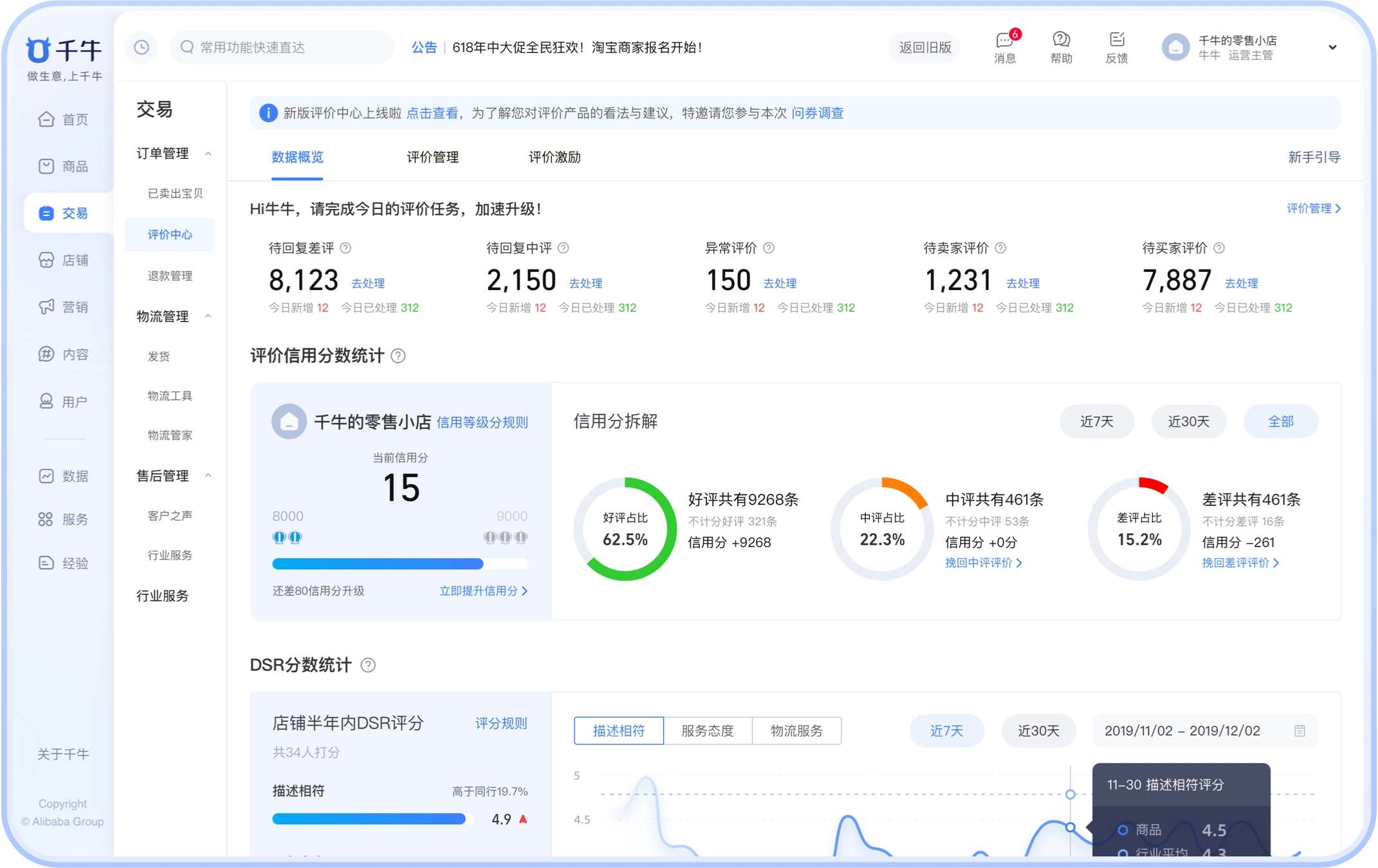 千牛天猫后台客服中心界面