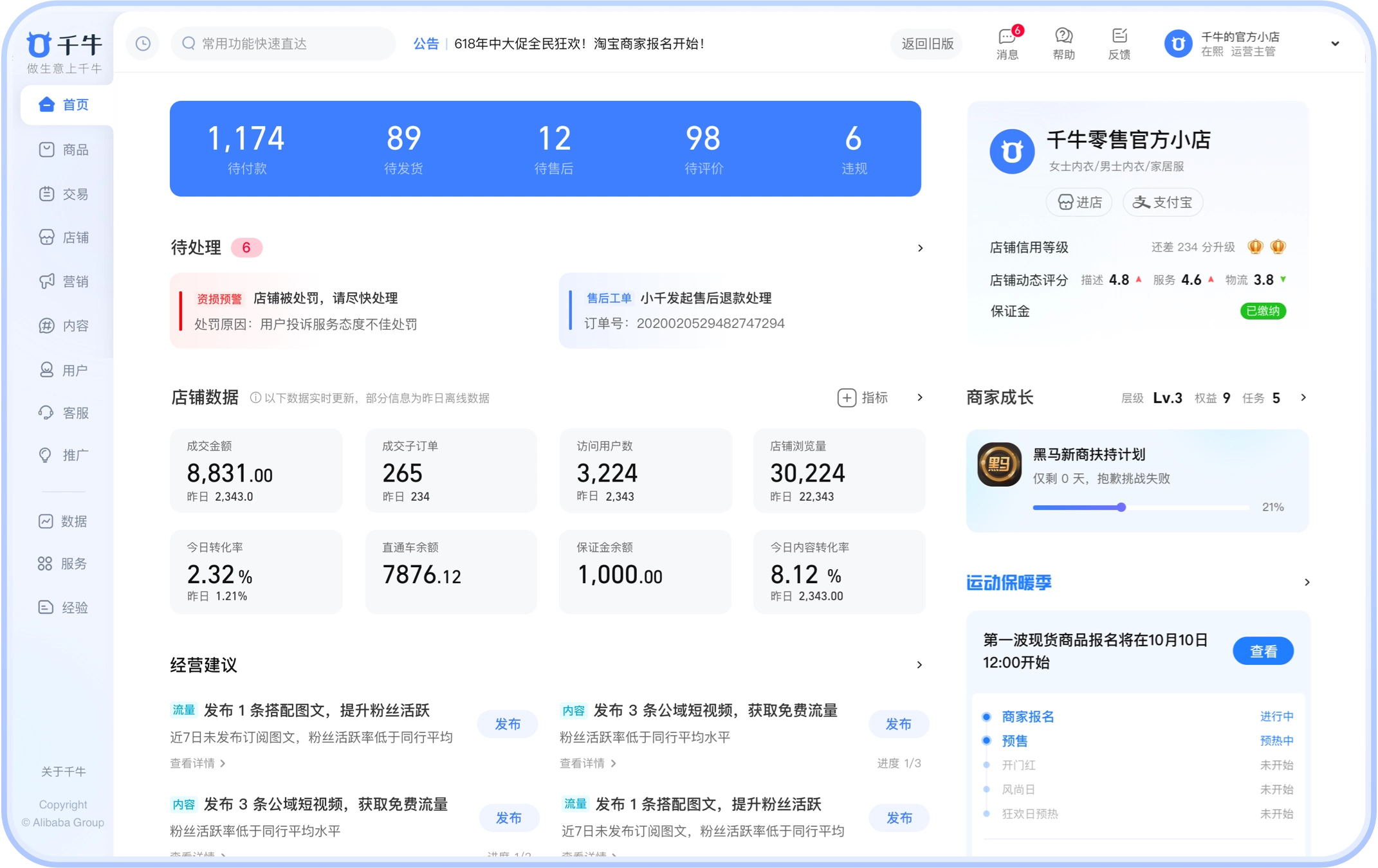 千牛电商管理消息分发面板